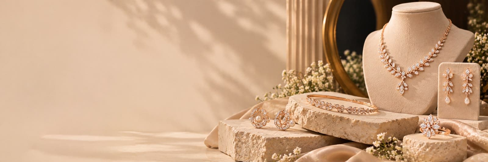 Rose-gold-tone necklace, earrings, bangle and rings displayed on stone blocks